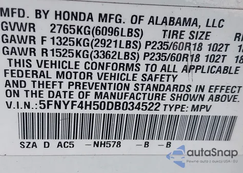 2013 Honda Pilot Ex-L из США, поврежденный, VIN 5FNYF4H50DB034522